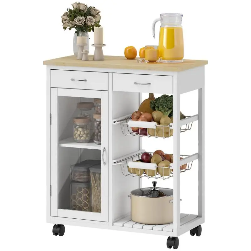 Kitchen Trolley with Bamboo Top and Glass Door