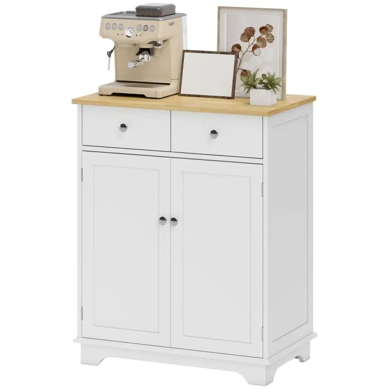 Sideboard with 2 Drawers and Adjustable Shelf, White and Natural