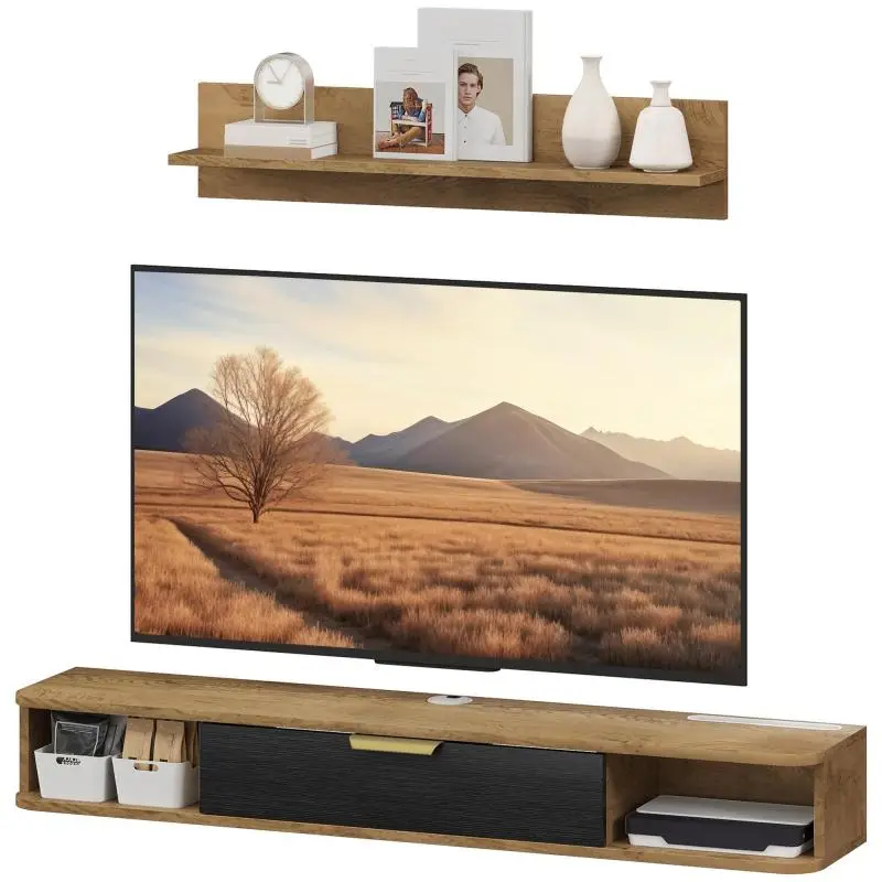 TV Unit with Wall Shelf, Oak