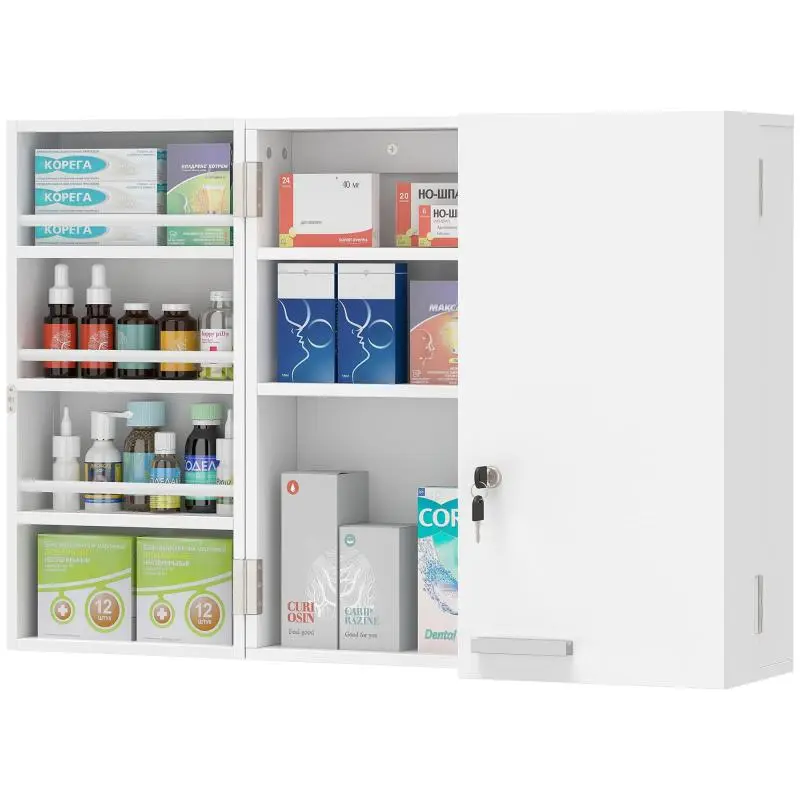 Wall-Mounted Medicine Cabinet with 11 Compartments, White