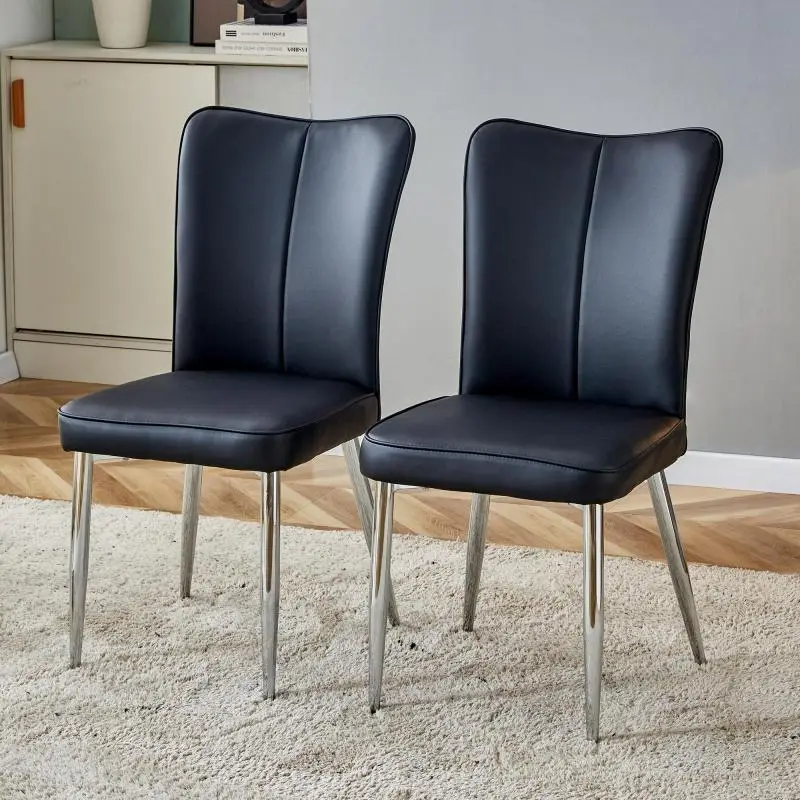 Set of 2 Dining Chairs, Black PU Leather