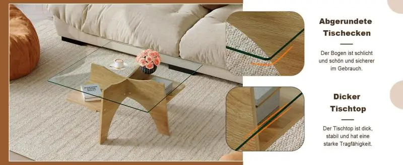 Square Side Table with Glass Top, 80 cm