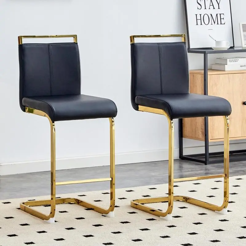 Set of 2 Bar Stools, Black and Gold