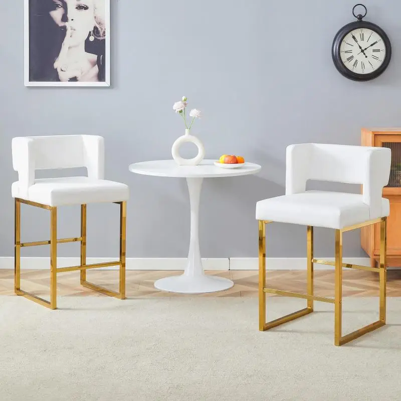 Set of 2 Bar Stools, White and Gold