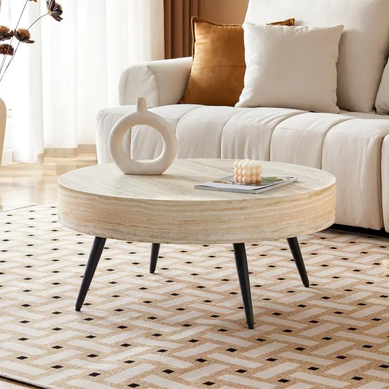 Round Coffee Table, 70 cm, Travertine-Effect