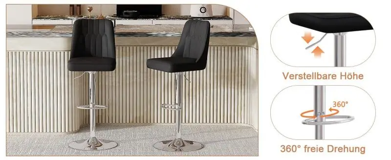 Set of 2 Height-Adjustable Swivel Bar Stools, Black and Gold