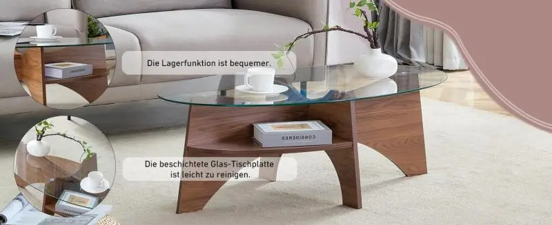 Oval Coffee Table with Glass Top, 104.9 cm
