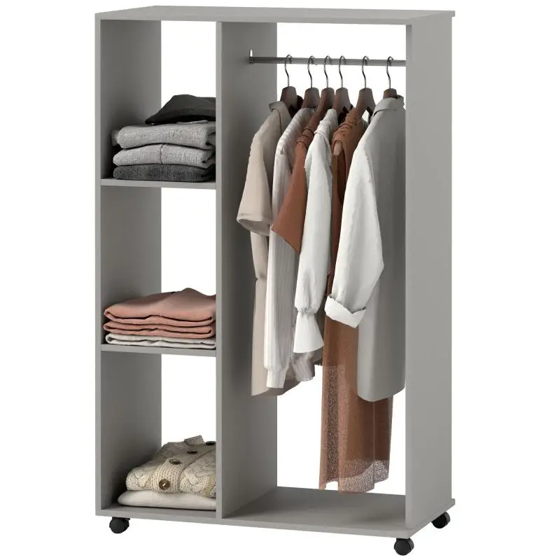 Mobile Storage Wardrobe with Shelves and Rail, Grey