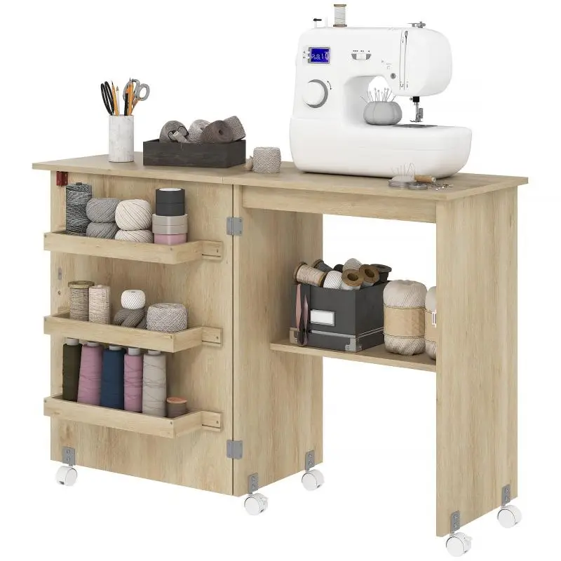 Folding Sewing Table with Casters, Natural Wood