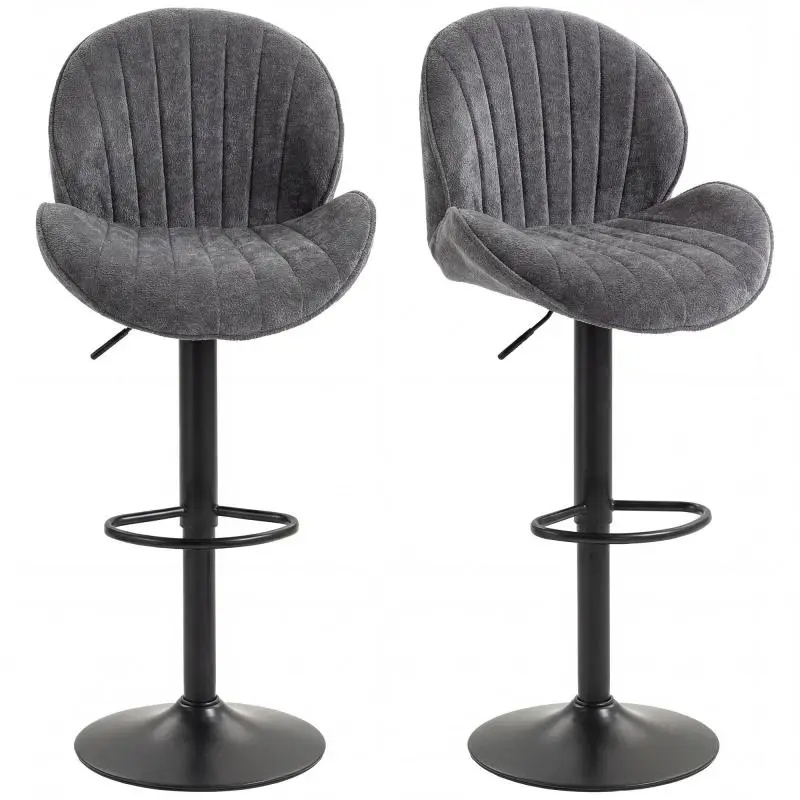 Set of 2 Bar Stools, Height-Adjustable, 360 Degrees Swivel, Padded Seat, with Backrest and Footrest, Gray
