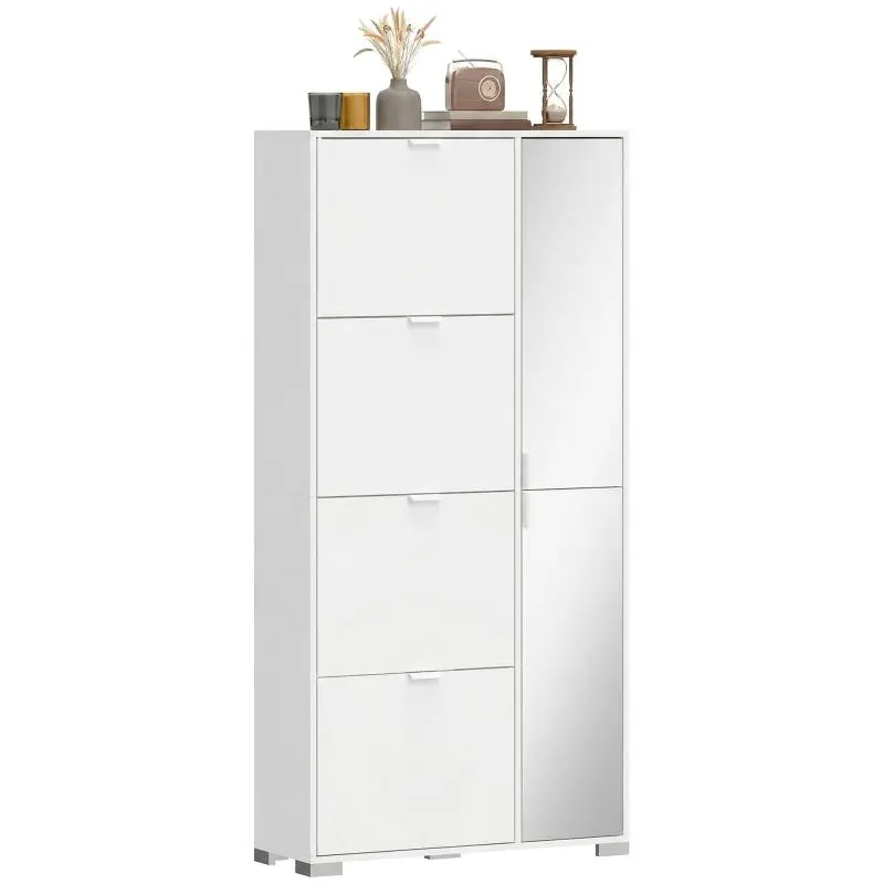 Shoe Cabinet with 4 Tilt-Out Drawers and 2 Mirrored Doors