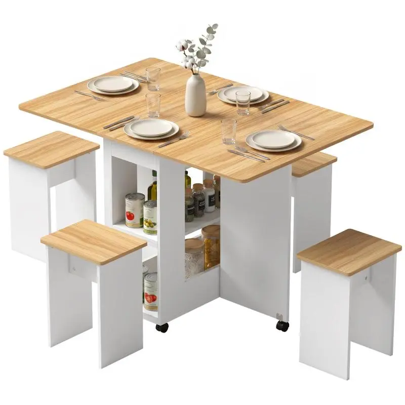 Folding Dining Table and 4-Chair Set, Oak and White