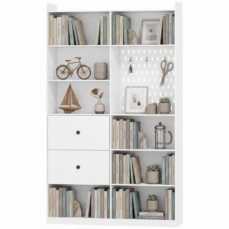 Bookcase, 6-Tier Shelf, 120 x 30 x 200 cm, Storage Unit with 2 Drawers and Pegboard, White