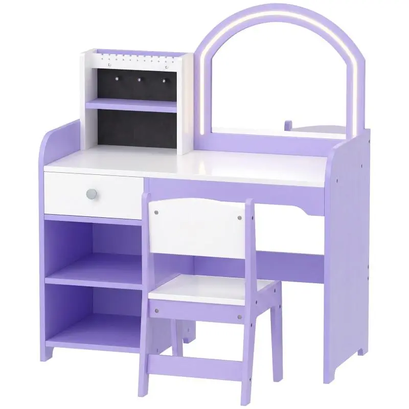 Children's Wooden Vanity Table with Stool, Purple
