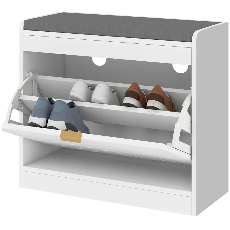 Shoe bench, storage bench, padded seat, drop-down drawer, patterned door, 60 x 26 x 52.5 cm, white