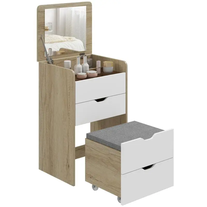 3-in-1 Dressing Table with Mirror and Stool, 2 Drawers