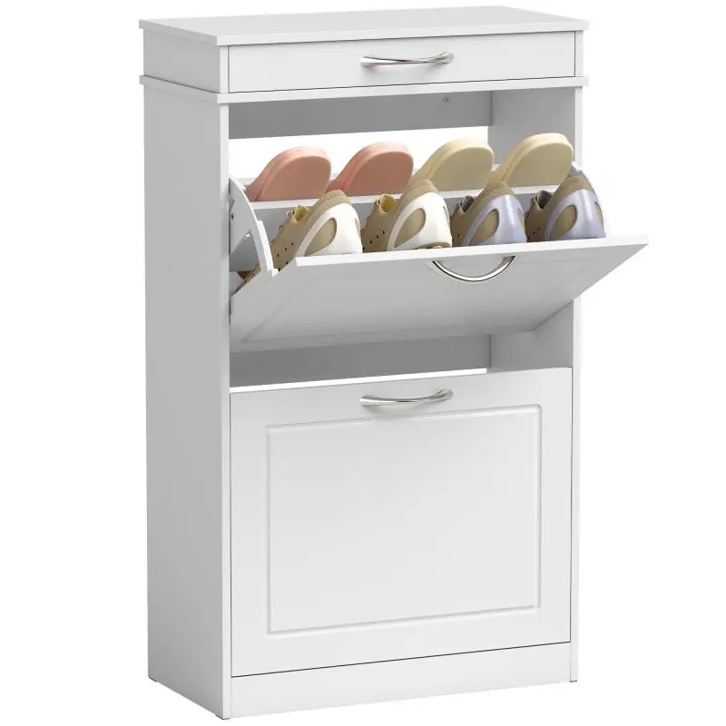 8-Pair Shoe Cabinet with Drawer, White