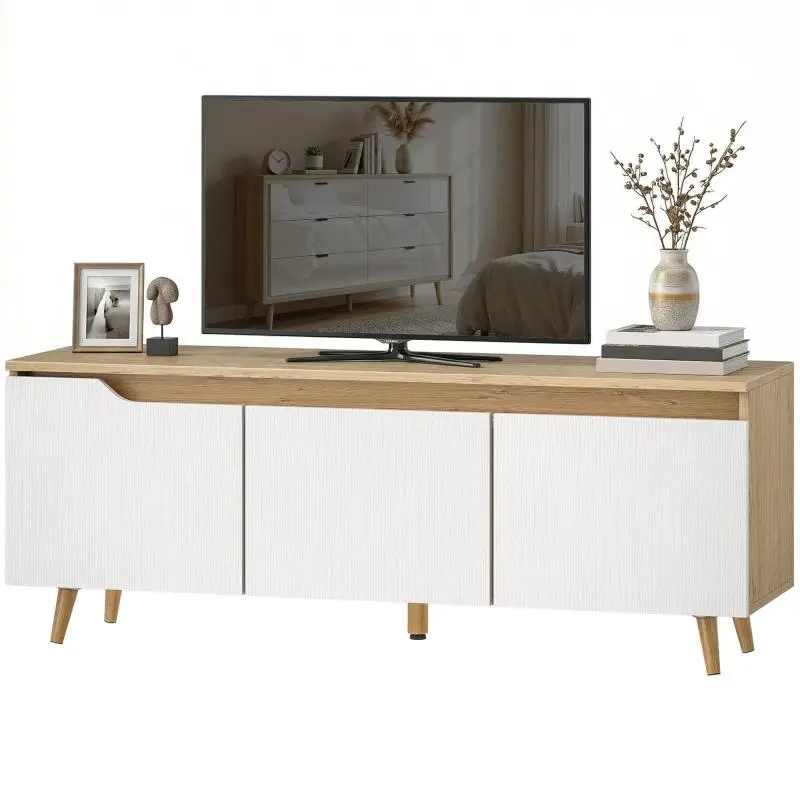 120 cm TV Stand with 3 Doors, Oak and White