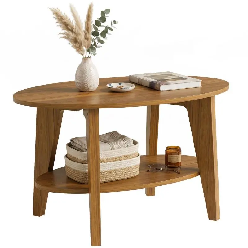 Oval Coffee Table with Lower Shelf, Oak