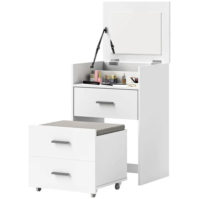 Vanity Table with Flip-Top Mirror and Stool, White
