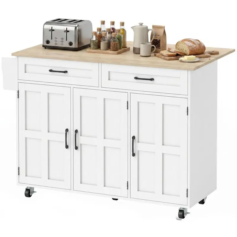 Kitchen Island with Drop-Leaf Top, White