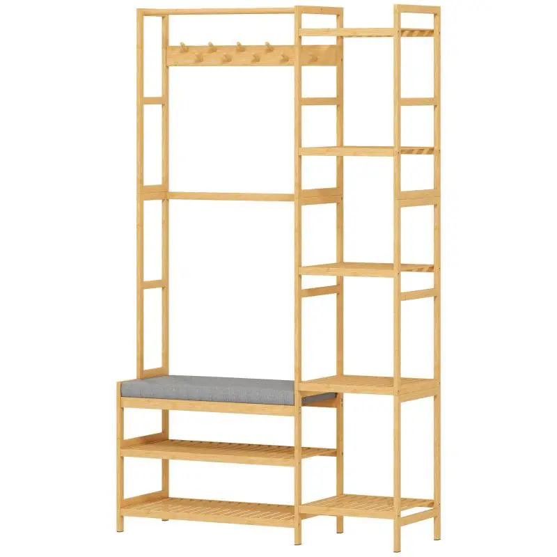 Bamboo Hall Tree with Bench and 10 Hooks
