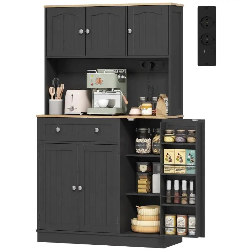 Tall Kitchen Cabinet with Charging Station, Black