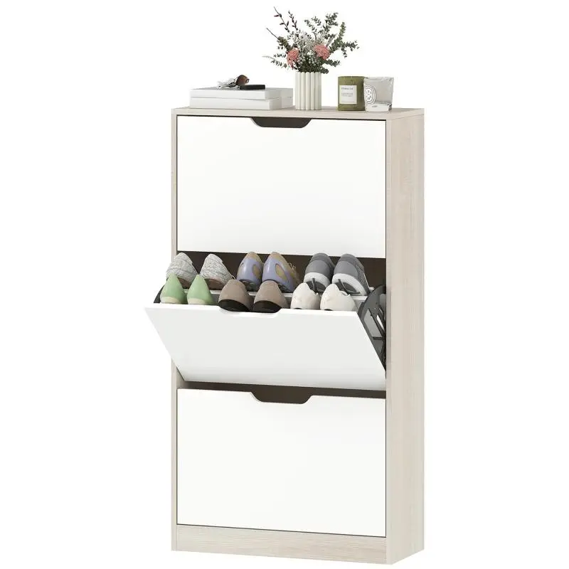 12-pair shoe cabinet, narrow shoe storage unit, 3 tilt-out drawers, oak and white