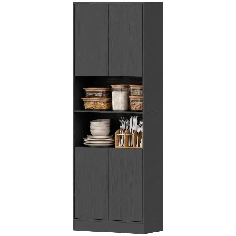 Tall Kitchen Cabinet with 4 Doors, Black