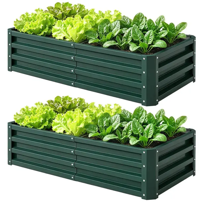 Set of 2 Rectangular Raised Beds, Dark Green