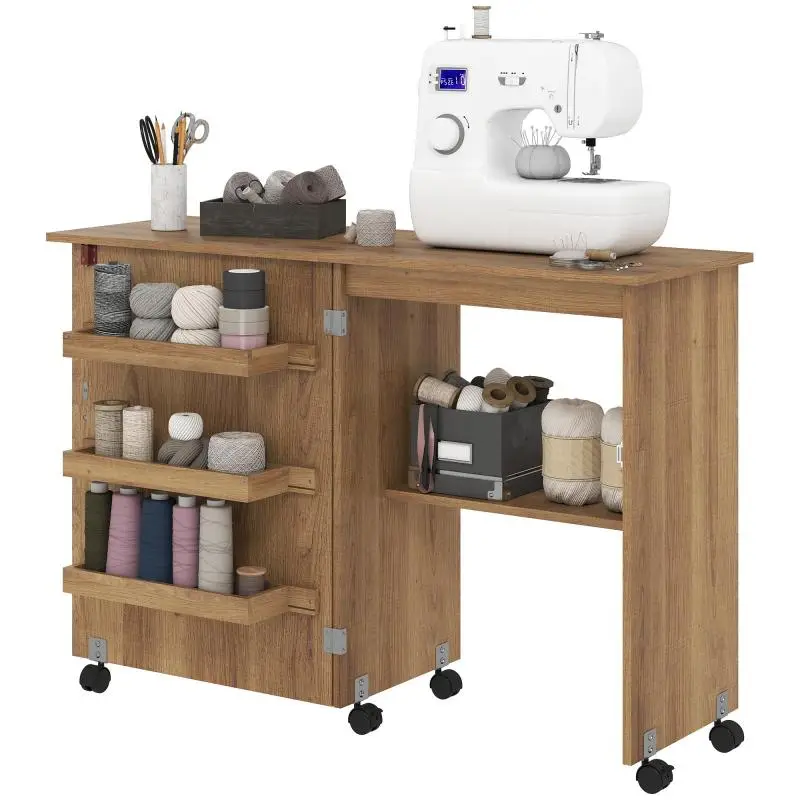 Folding Sewing Table with Storage and Casters, Brown