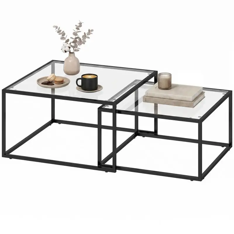 Set of 2 Nesting Coffee Tables with Glass Top, Black