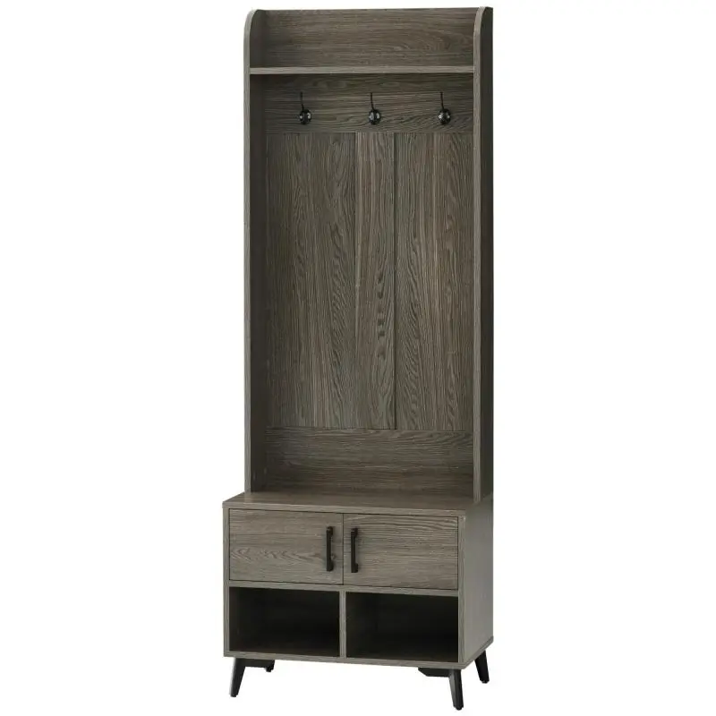 Coat Rack with Shoe Cabinet – Entryway Unit with 3 Hooks, 2 Doors, 2 Compartments, and Shelf – 60x34x170 cm – Grey
