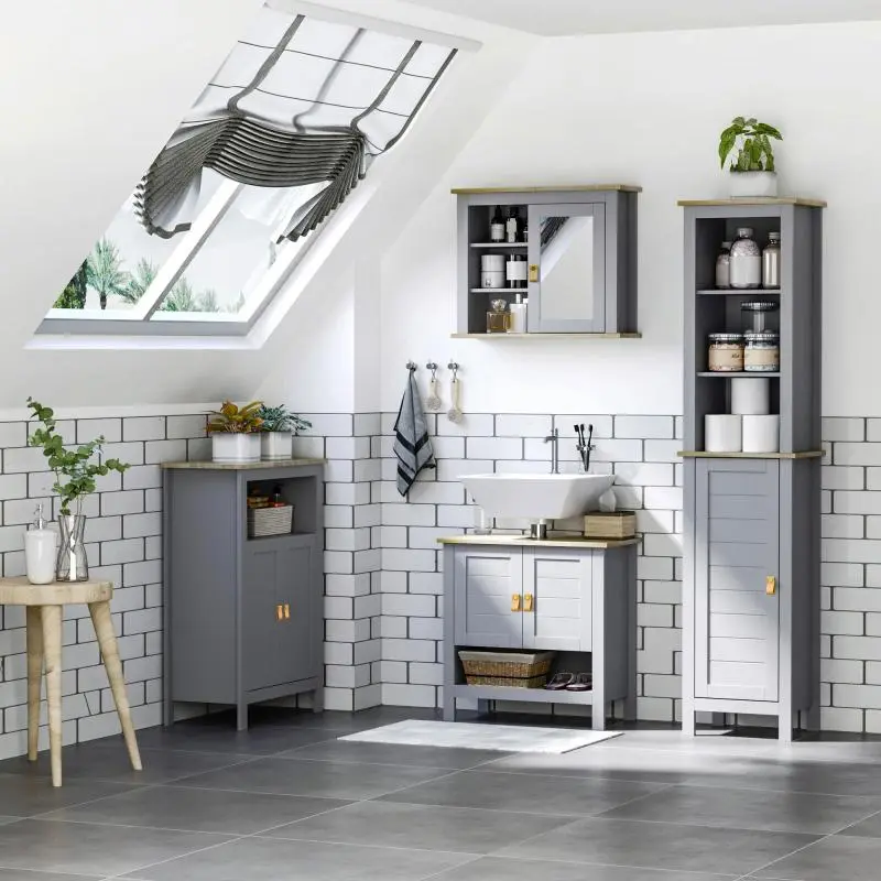 Modern Tall Bathroom Cabinet / Column Unit with 1 Door, Adjustable Shelf, and 3 Compartments – 39x30x168 cm – Grey