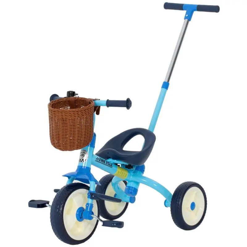 2-in-1 Baby Tricycle for Ages 2–5 with Parent Push Bar, Non-Slip Pedals, Foldable Footrests, and Basket – Blue