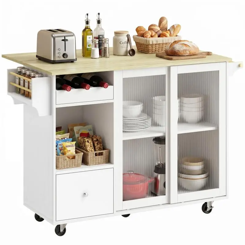 Kitchen Island with Drop-Leaf Countertop, White and Oak