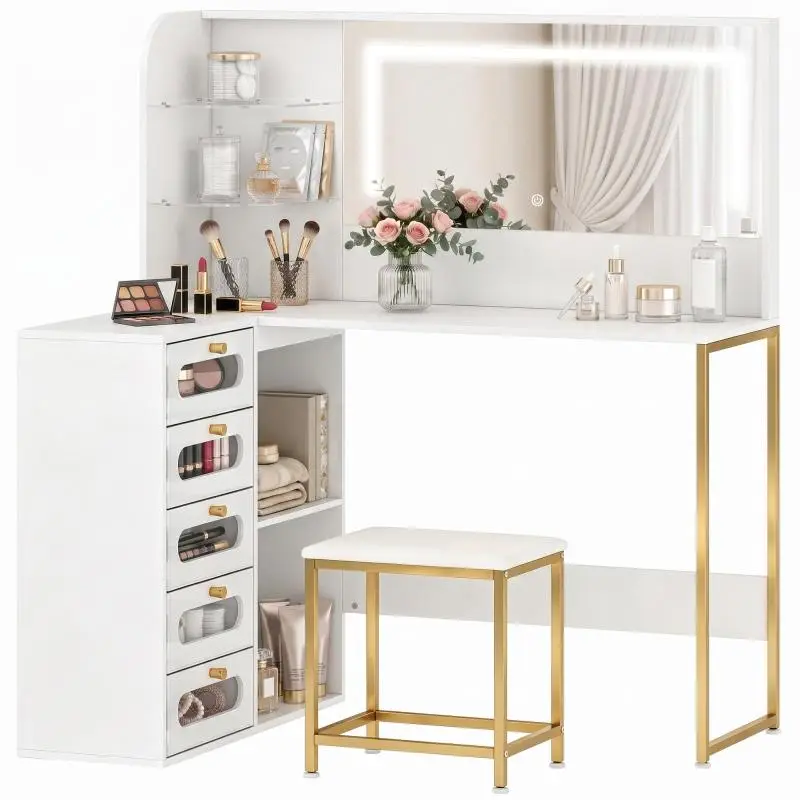 Makeup Vanity with LED Mirror and Stool