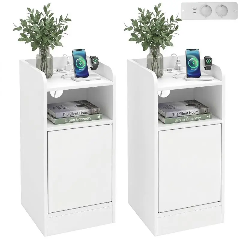 Set of 2 Narrow Nightstands with Charging Station