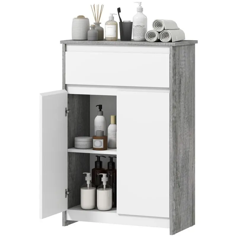 Grey and White Bathroom Cabinet with Drawer and Double Doors