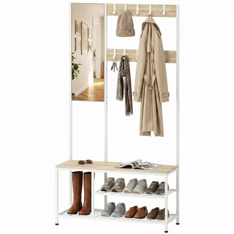 Hallway Coat Rack with Shoe Rack and Mirror