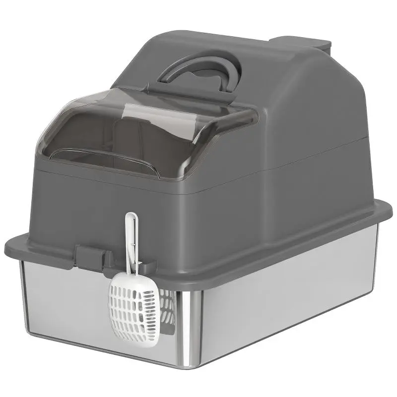 Enclosed Stainless Steel Cat Litter Box, Dark Grey