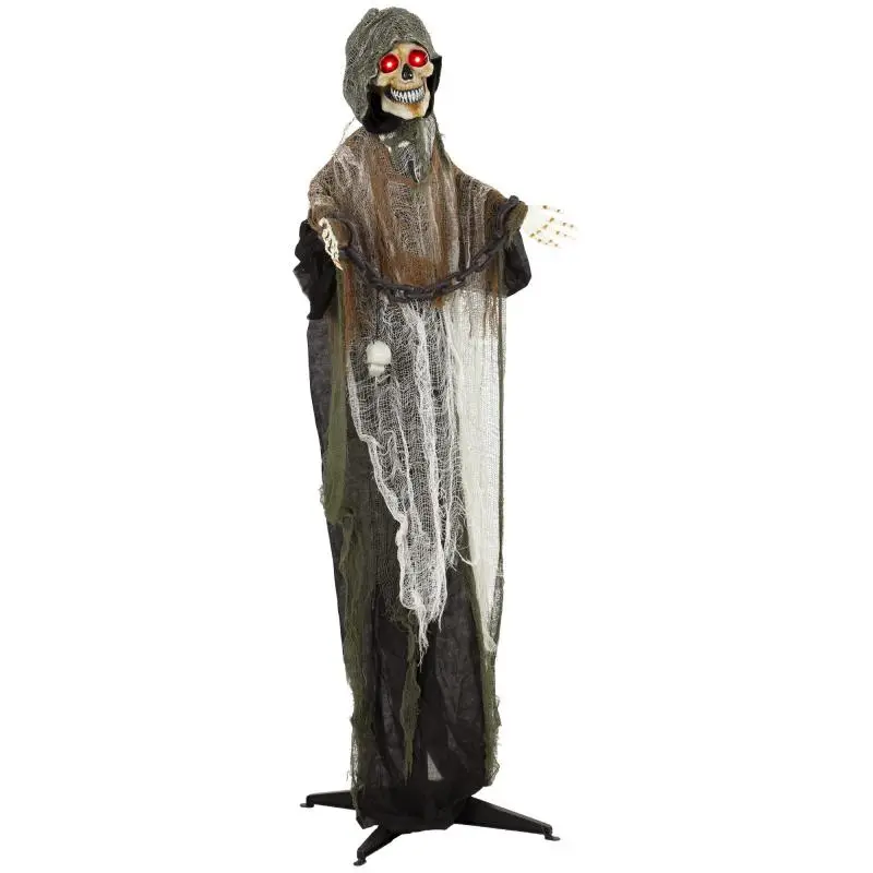 Animated Grim Reaper, 170 cm, life-size Halloween animatronic with moving hands/head, glowing eyes, and spooky sound effects.