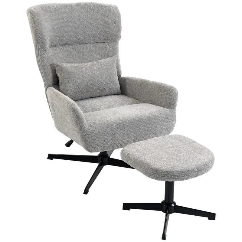 360 Degrees swivel lounge chair with ottoman, height-adjustable, chenille upholstery, with lumbar pillow, cream white