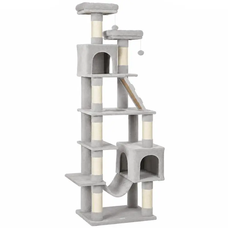 204 cm Cat Tree with Caves and Ladder – Multi-Level Scratching Tree for 1–3 Cats (up to 6 kg each) – Light Grey