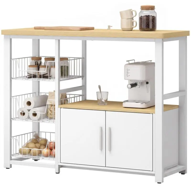 Kitchen Storage Shelf with 3 Baskets and Cabinet, Oak