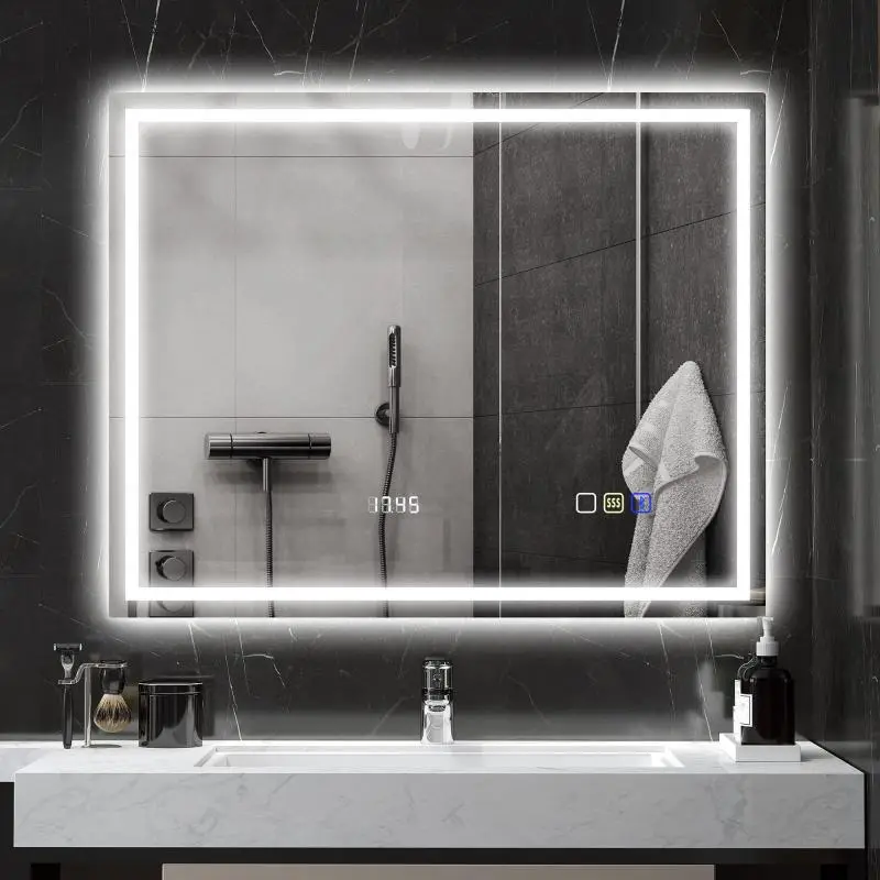Illuminated Bathroom Mirror with Bluetooth and Clock, 100 × 80 cm