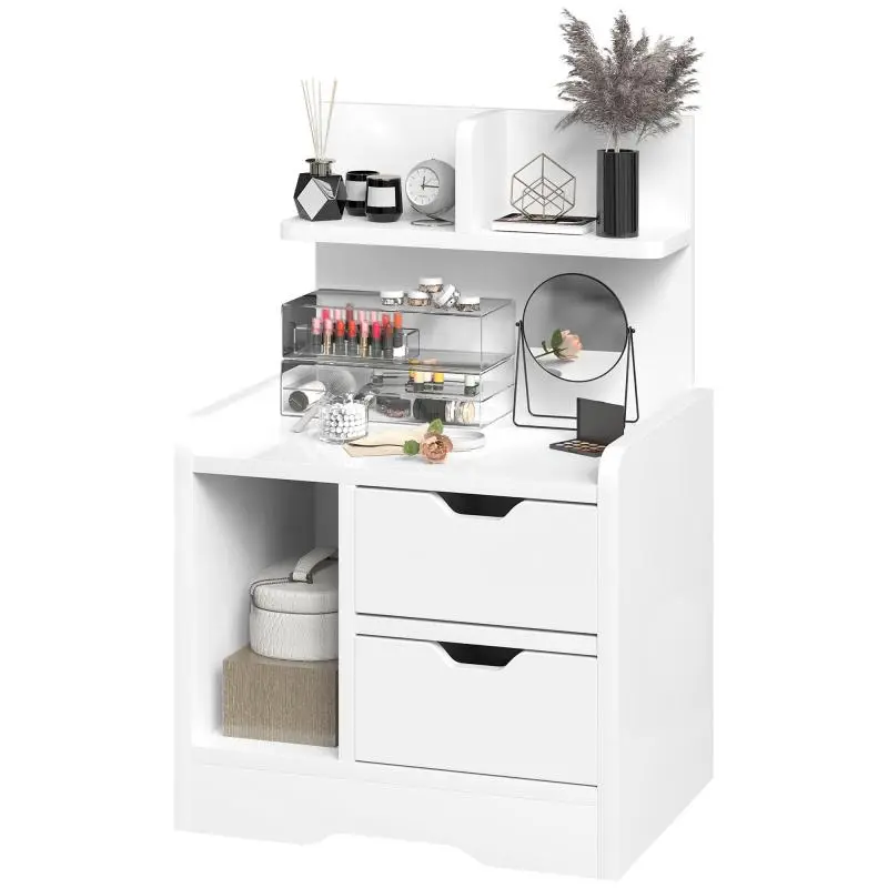 Bedroom Nightstand with 2 Drawers and Storage Shelves, Modern Wooden Nightstand, Gloss White