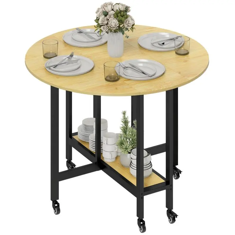 Foldable Dining Table with Wheels and Shelf