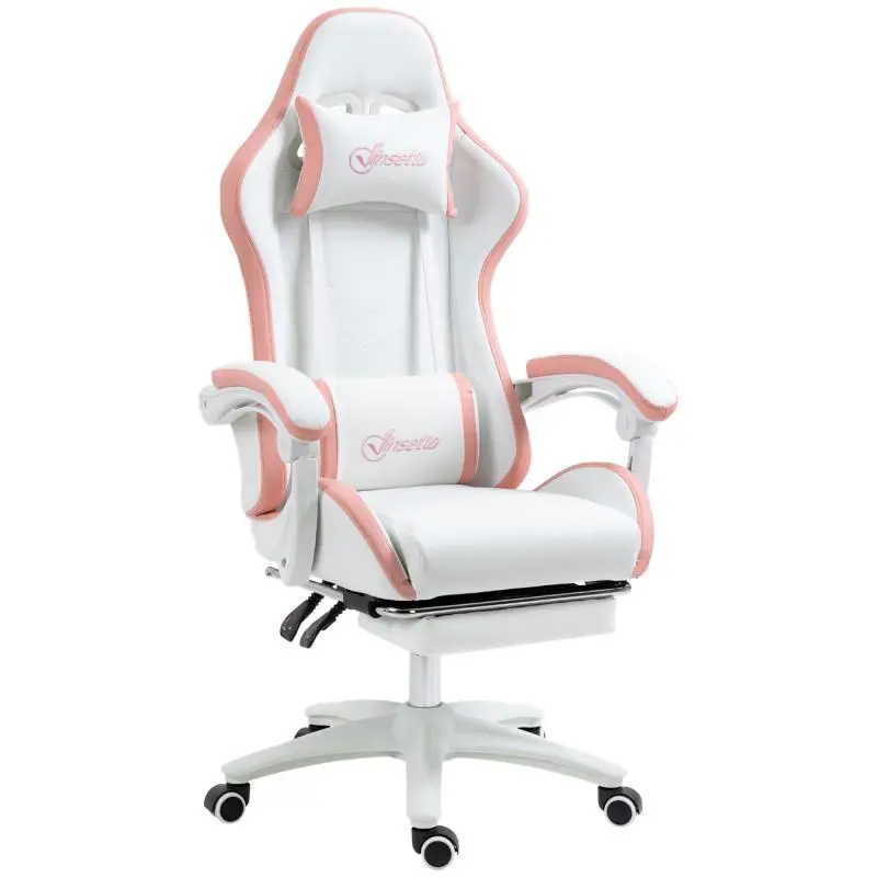Gaming Chair with Adjustable Height and Reclining Backrest, 65x65x121-129 cm, White and Pink