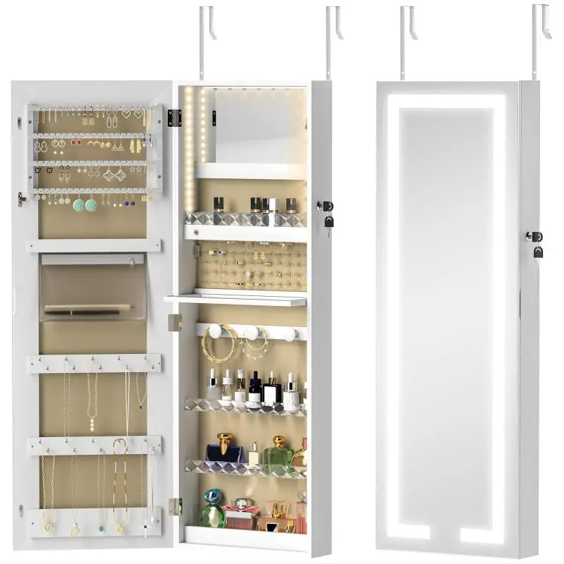 Wall-Mounted or Door-Mounted Jewelry Cabinet with Interior Mirror and LED Lights, Lock and Key, Zippered Pocket, White